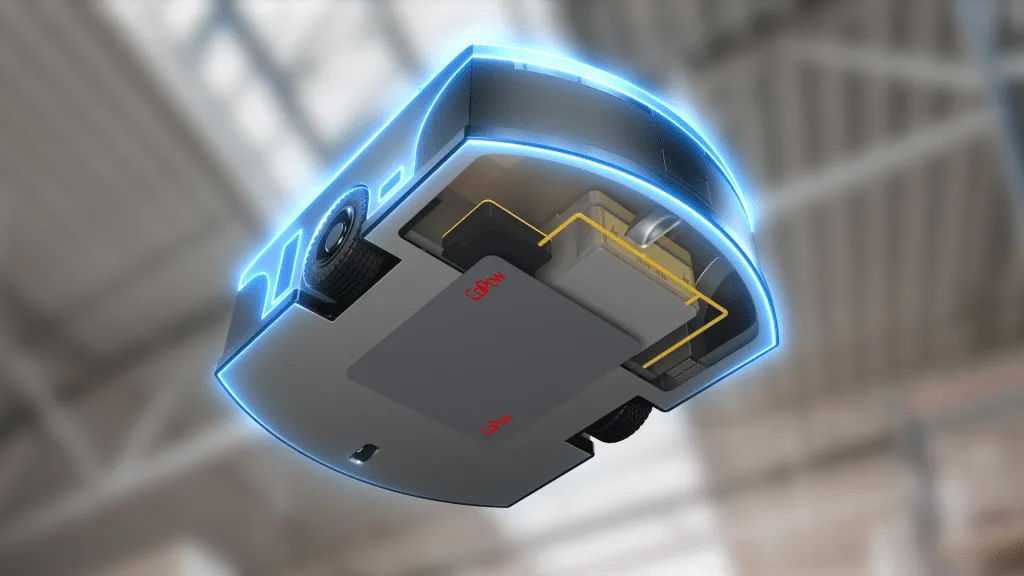 Illustration of a CaPow receiver and receiver antenna mounted beneath a mobile robot.